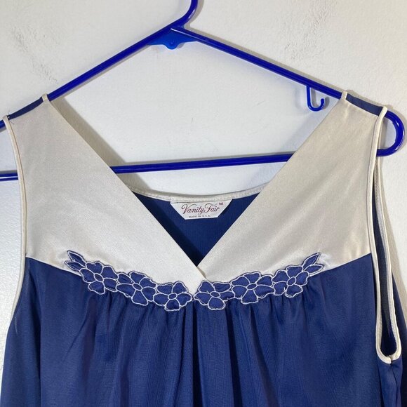 Womens Vintage Vanity Fair Nightgown Robe Set Navy White M Nylon Antron - Picture 6 of 11